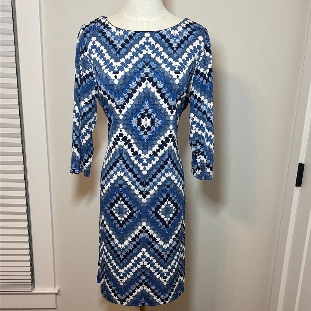 Sandra Darren Blue and White Long Sleeve Dress